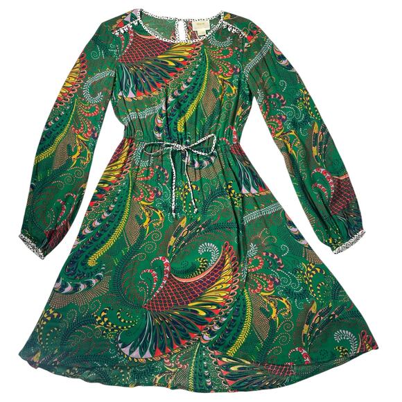 Maeve By Anthropologie Womens Janis Paisley Long Sleeve Dress size 0 Green Boho - Picture 1 of 9
